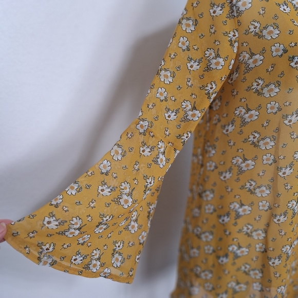 C&A Mustard Yellow Boho Floral Cottagecore Long Bell Sleeve Relaxed Fit Dress M - Picture 2 of 11